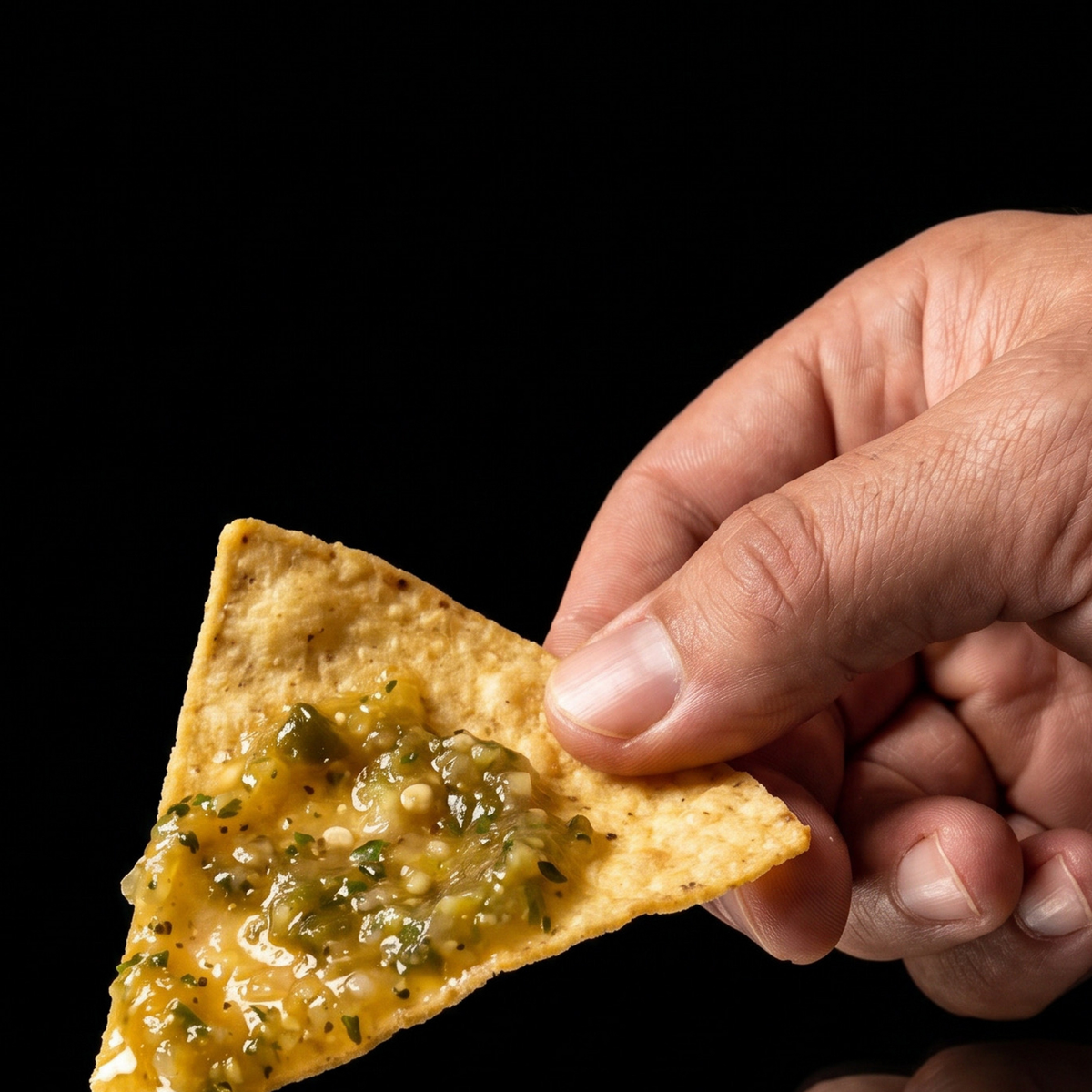 Hand holding a tortilla chip dipped in chunky green Toro Verde jalapeno hot sauce