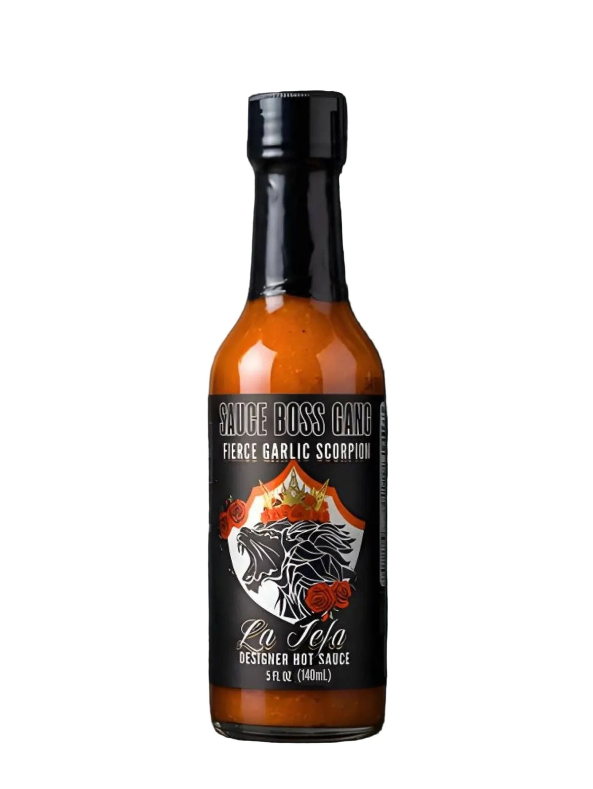 La Jefa fierce garlic scorpion hot sauce in a 5 oz bottle with a black Sauce Boss Gang label
