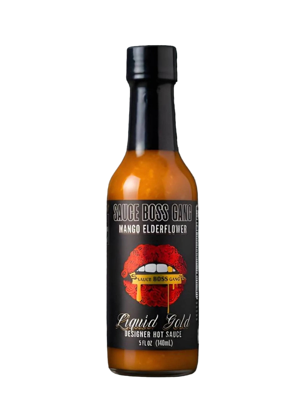 Liquid Gold mango elderflower hot sauce in a 5 oz bottle with the Sauce Boss Gang lips label