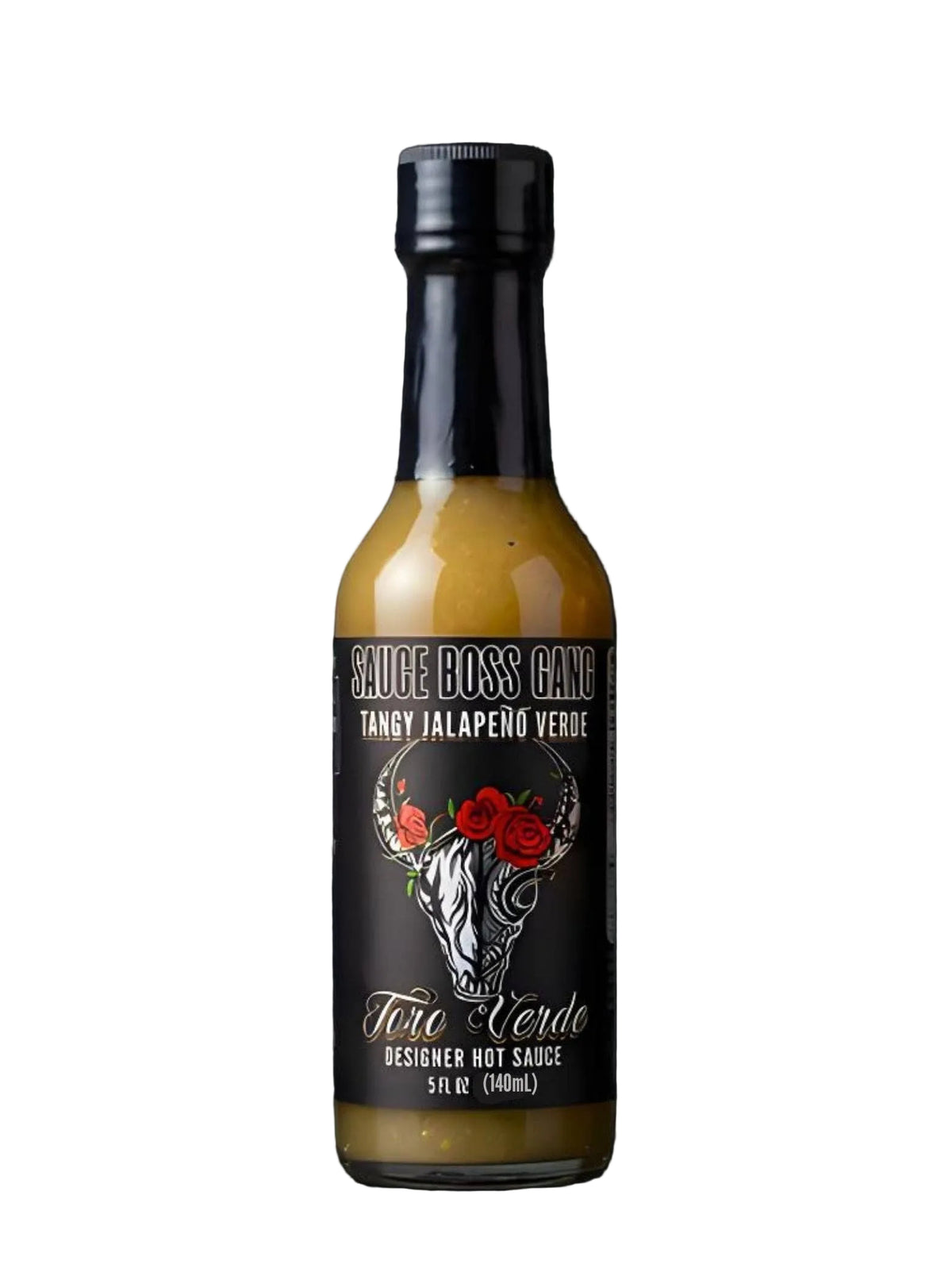 Toro Verde tangy jalapeno verde hot sauce in a 5 oz bottle with a black Sauce Boss Gang label