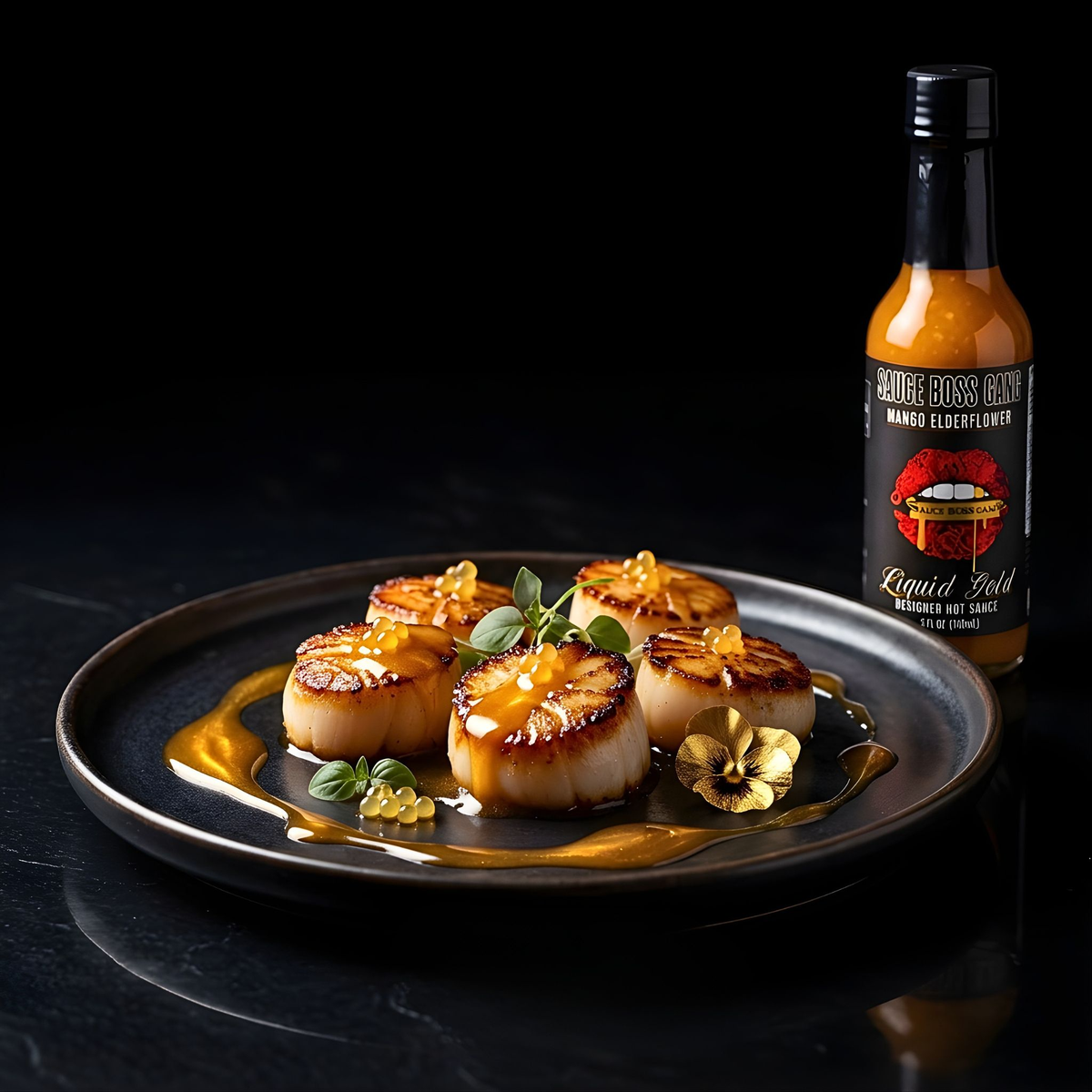 Seared scallops glazed with Liquid Gold mango scotch bonnet hot sauce beside the bottle